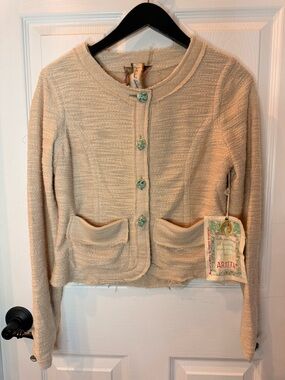Aratta Beige Textured Knit Button-Up Jacket with Decorative Buttons